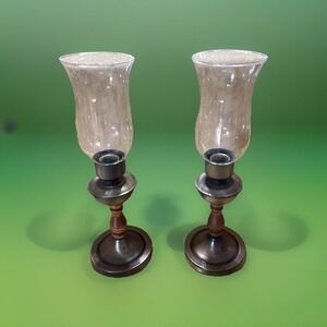 Pair Of 2 Vintage Brass Finish Wood And Glass Candle Holders-14" Tall
